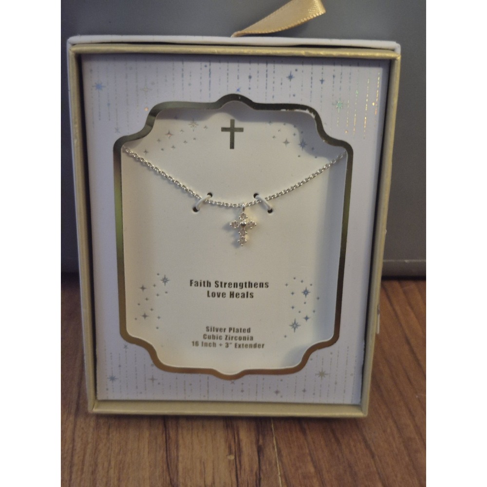 Girls Silver Plated Cubic Zirconia Heart Cross Necklace 16 In + 3 In S26